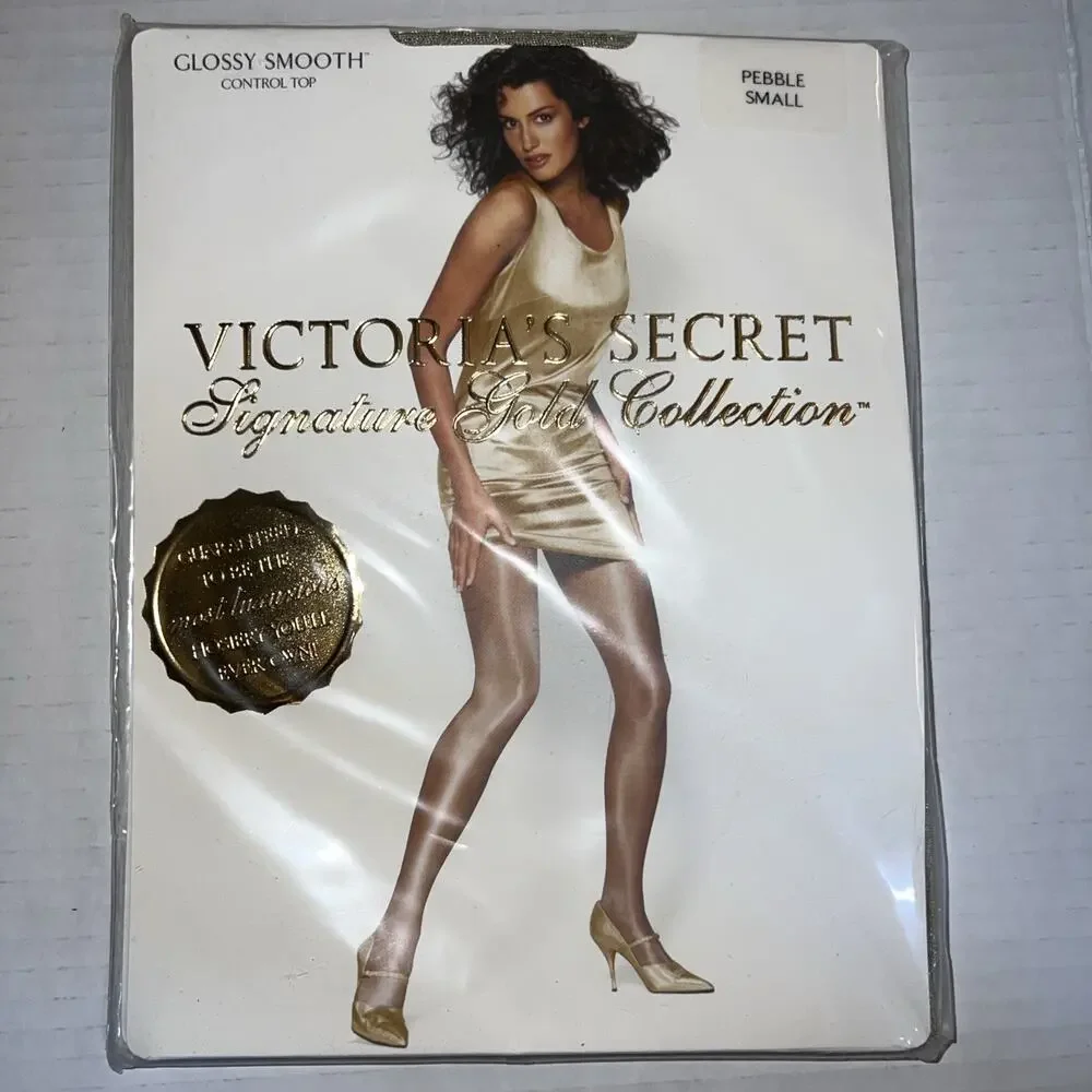 Vtg Victoria's Secret Signature Gold Glossy Smooth Control Top Hosiery Pebble S